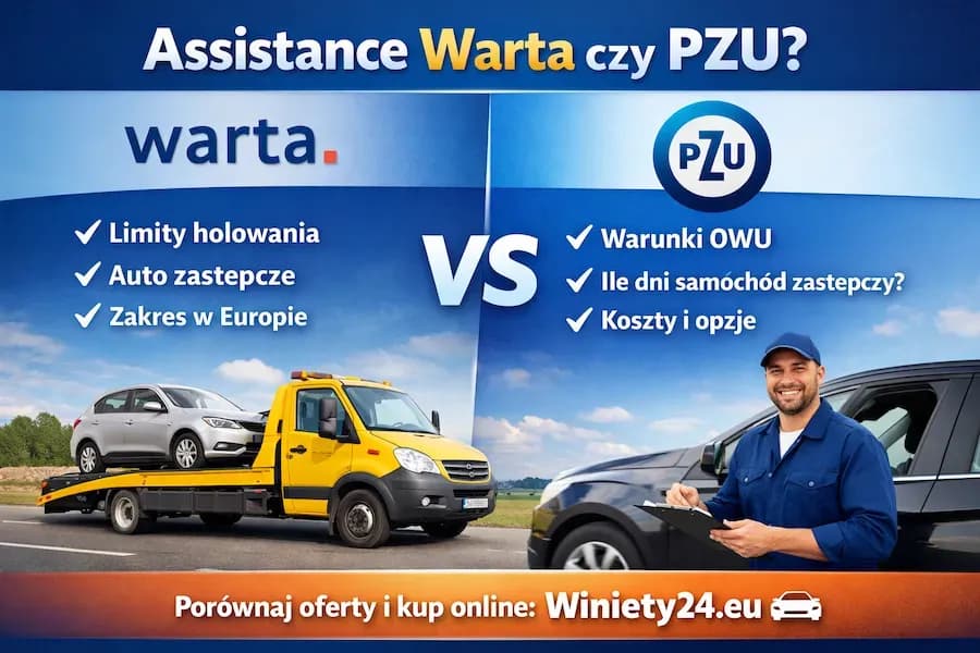Advertisement comparing Warta and PZU assistance, featuring a tow truck and a service agent.