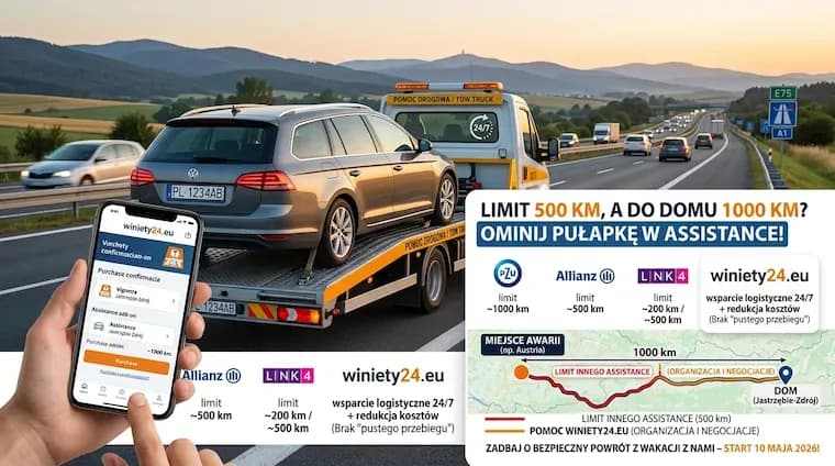 Towed car on highway, mobile app for assistance showing 'LIMIT 500 KM' text.